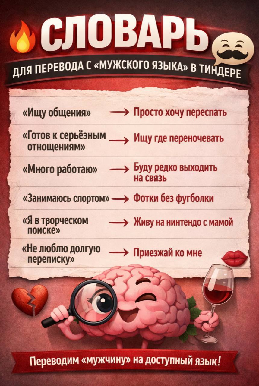 Словарь для перевода с «мужского языка» в Тиндере: «Ищу общения» — просто хочу переспать, «Много работаю» — буду редко выходить на связь